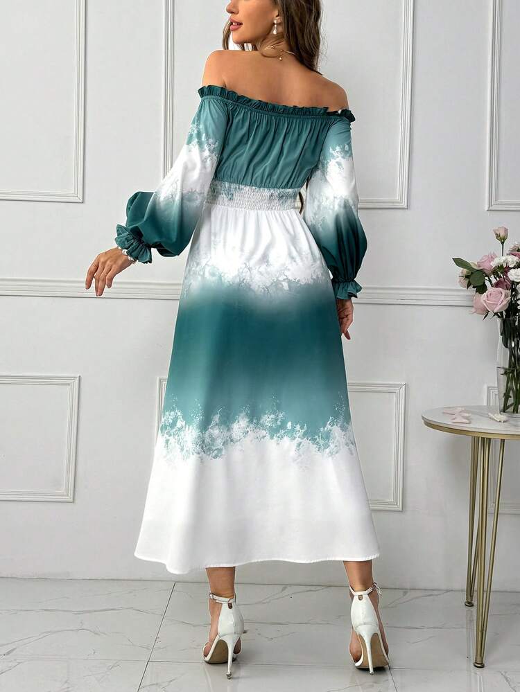 Women's Tie Dye Off Shoulder Ruffle Sleeve Shirred Waist Midi Dress