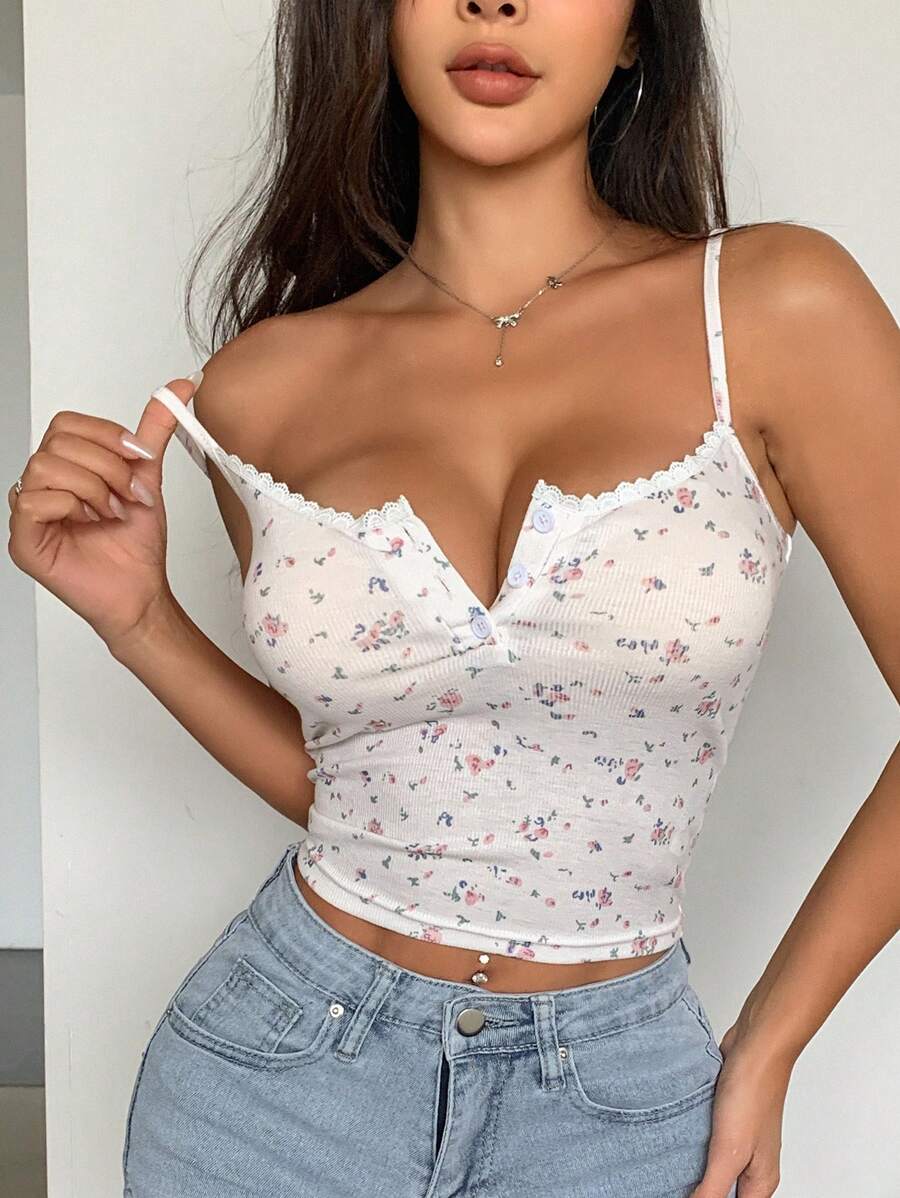 DAZY 女士修身印花蕾丝边纽扣吊带背心上衣外出上衣节日花卉夏季 - 彩色 - 查看 1