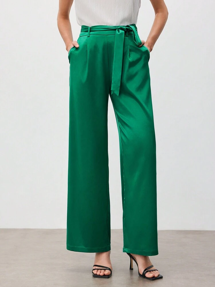 Women's Solid Color Jade Green Wide-Leg Pants With Belt