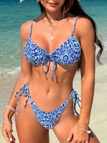Swim Vcay Floral Print Lace-Up Back Bikini Set, Swimwear Bathing Suit Beach Outfit CLEAN FIT Summer Vacation,Summer Beach - Blue and White - View 3