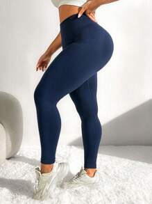 大尺碼單色運動打底褲 - 藍色 - 查看 5