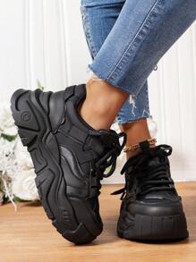 Women's Casual Sports Shoes, Thick Sole, Black Chunky Sneakers, All Seasons - Black - View 3