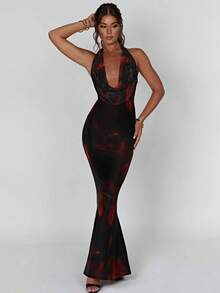 Fashionable Printed Halterneck Dress With Ribbon Straps - Black - View 4
