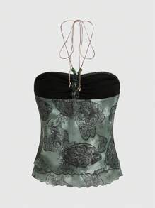 ROMWE Hippie Top halter de tie dye con estampado de paisley fruncido - Multicolor - Ver 2