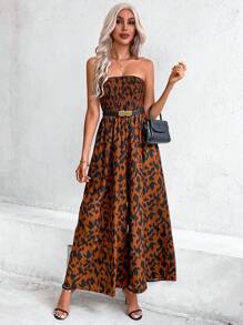 SHEIN VCAY Allover Print Shirred Tube Jumpsuit - Brown - View 6