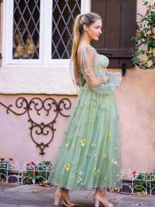 Romantic Vintage Green Prom Dress With Princess Lantern Sleeves, Bustier Party Dress Wedding Guest Cocktail Dress - Màu xanh Ô liu - Xem 2