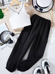 SHEIN Explorewe 少女羅紋針織短上衣與卡其褲