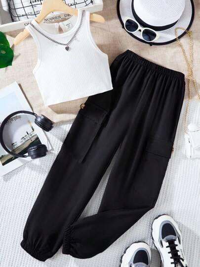 SHEIN Explorewe 少女羅紋針織短上衣與卡其褲