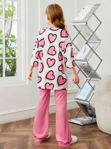 SHEIN Leap Crew 少女輕鬆愛心印花短袖T恤+實色喇叭褲針織套裝2件裝 - 粉色 - 查看 2