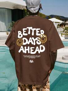 Men's Round Neck Drop Shoulder T-Shirt With Letter Print - Coffee Brown - View 1