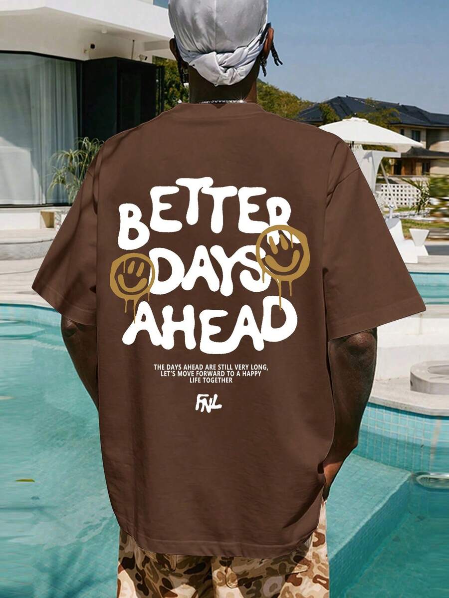 Men's Round Neck Drop Shoulder T-Shirt With Letter Print - Coffee Brown - View 1