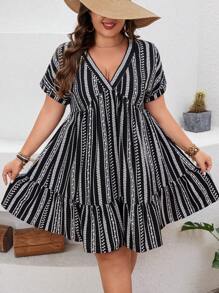 SHEIN VCAY Kích thước lớn Của phụ nữ Sọc Cổ chữ V Kỳ nghỉ Đầm - màu đen - Xem 1