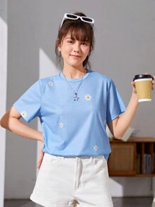 Holiday,Summer,TravelFlower Printed Short Sleeve T-Shirt, Teen Girls' Casual Vacation Wear