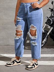 SHEIN EZwear Kích thước lớn Lỏng lẻo Quần jean Tapered Với Chi tiết đau khổ Và Đường chéo Túi - Rửa trung bình - Xem 5