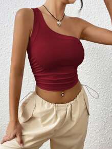 SHEIN EZwear Của phụ nữ Màu thuần Xếp li Một bờ vai Không tay Áo - Đỏ - Xem 4