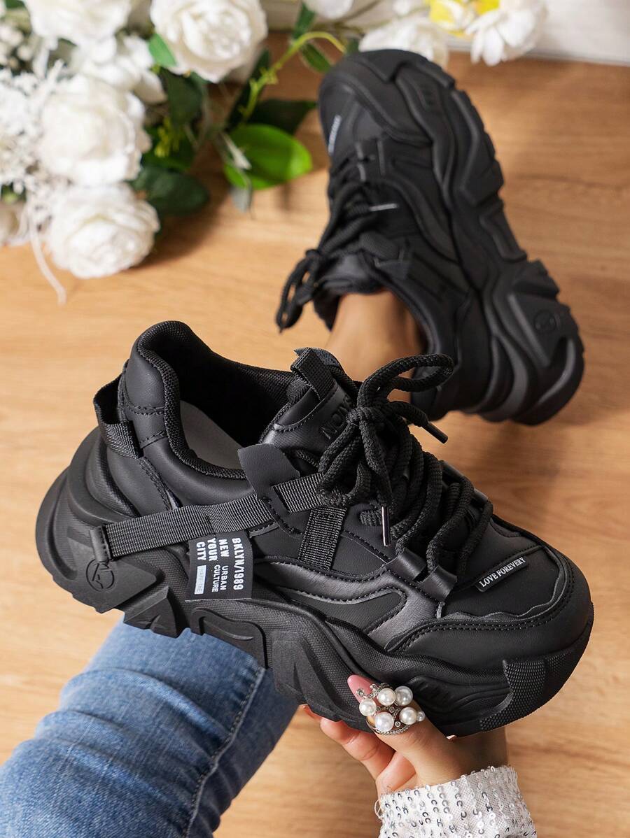 Women's Casual Sports Shoes, Thick Sole, Black Chunky Sneakers, All Seasons - Black - View 1