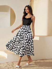 GENKIRA Heart Pattern Printed Elastic Waist Loose Skirt - Black - View 4