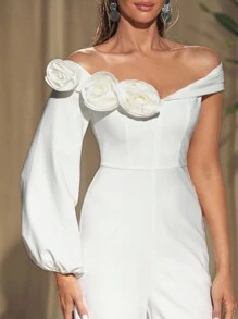 HEAVINZ LANE Mono de mujer con hombros descubiertos, piernas anchas y diseño de flor 3D con cintura ceñida, para vacaciones y festivales - Blanco - Ver 3