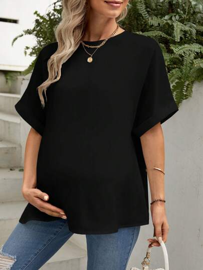 SHEIN Maternity Solid Color Round Neck Batwing Sleeve Blouse