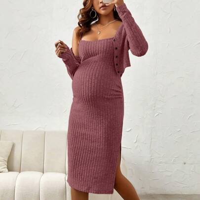 Top Tank MaternitÃ  Casual Con Orlo Spaccato A Costine E Giacca Anteriore Con Bottoni