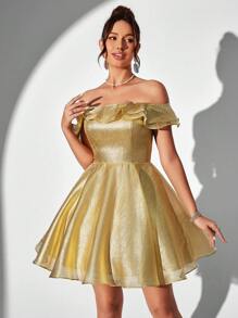 SHEIN Belle Elegant, Cute, Gorgeous And Charming, Fashionable Women's Clothing, Luxurious Gold Silk Bright Weaving, Simple One-Shoulder Double-Layer Ruffle Collar With Pockets, High Waist, A-Line Umbrella Hem, Wedding Guest Bachelorette Party, Vacation Travel, Graduation Season, Homecoming, Music Festival, Dance, Afternoon Tea, Date Party, Cocktail Party Dress Prom Semi Formal Dress, For Birthday