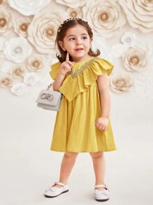 SHEIN 嬰幼兒女童寬鬆無袖純色荷葉邊連身裙 - 黃色 - 查看 4