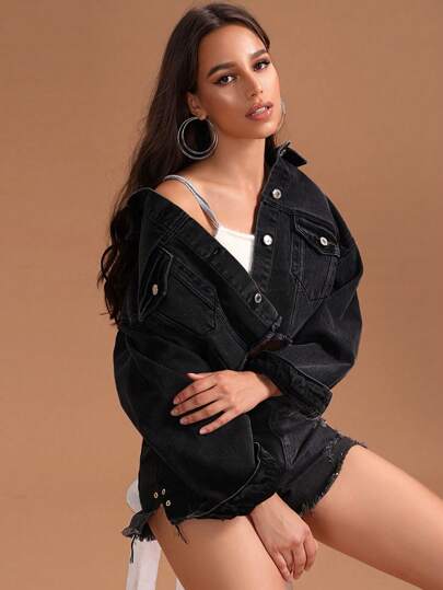SHEIN Essnce Women's Dark Colored Turn-Down Collar Denim Jacket