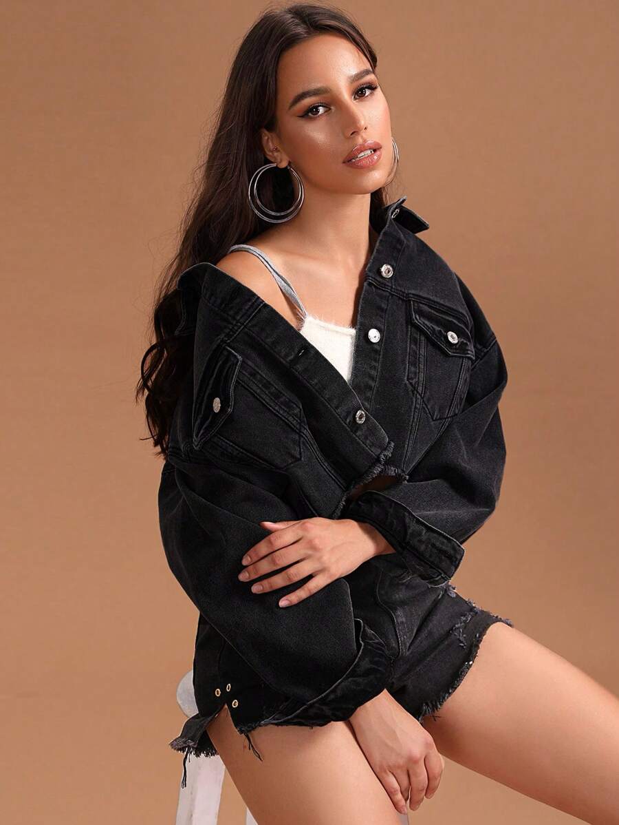 SHEIN Essnce 女裝深色翻領牛仔夾克 - 黑色 - 查看 1