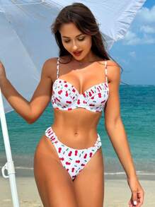 Swim Mod Conjunto de bikini acolchado con copas con aros, estampado de cerezas y drapeado, conjunto de bikini travieso, traje de baño para playa y vacaciones de verano - Multicolor - Ver 7