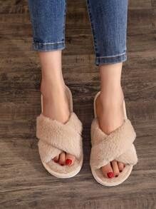 Fluffy Indoor Open Toe Slippers For Women, Warm Plush Furry Slides For All Seasons, Autumn/Winter - Camel - View 3