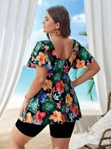 Swim Lushoire Kích thước lớn Bản in nhiệt đới Cổ chữ V Dây rút Xù Áo bơi Bộ - màu đen - Xem 2