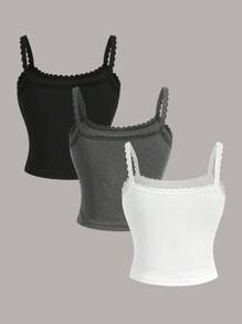 SHEIN EZwear 3pcs Lace Patchwork Slim Fit Basic Camisoles Suitable For Summer