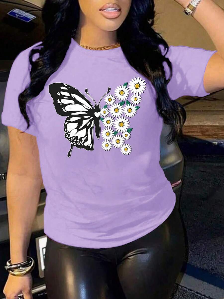 INAWLY T-shirt À Manches Courtes Pour Femmes Grandes Tailles Imprimé De Papillon Et De Marguerite - Parme - Voir 1