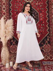 Al Najma Plus Size Geometric Pattern Notched Neck Long Sleeve Dress