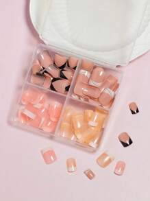 VV MEI JIA ER 96pcs(4Colors) Short Square Press On Nails Acrylic Short Fake Nails Full Cover Black And White French Designs Shiny Glue On Nails False Nail As Gift For Women And Girls With Storage Box Nail Supplies - Multicolor - View 3