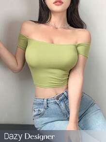 Dazy Designer Women Green Off Shoulder Fitted T-Shirt Summer,Crop Tops Women