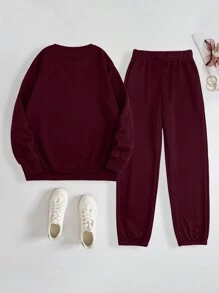 INAWLY Solid Color Round Neck Loose Drop Shoulder Sweatshirt And Ribbed Hem Jogger Pants - Burgundy - View 2