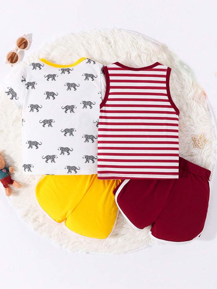 Ensemble Pyjama Simple T-shirt À Manches Courtes Avec Col Rond À Imprimé Léopard Et Débardeur Sans Manches Et Short Pour Jeune Garçon