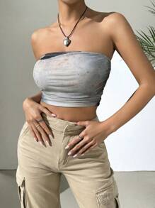 SHEIN EZwear Tie-Dye Printed Mesh Strapless Top For Women - Multicolor - View 4