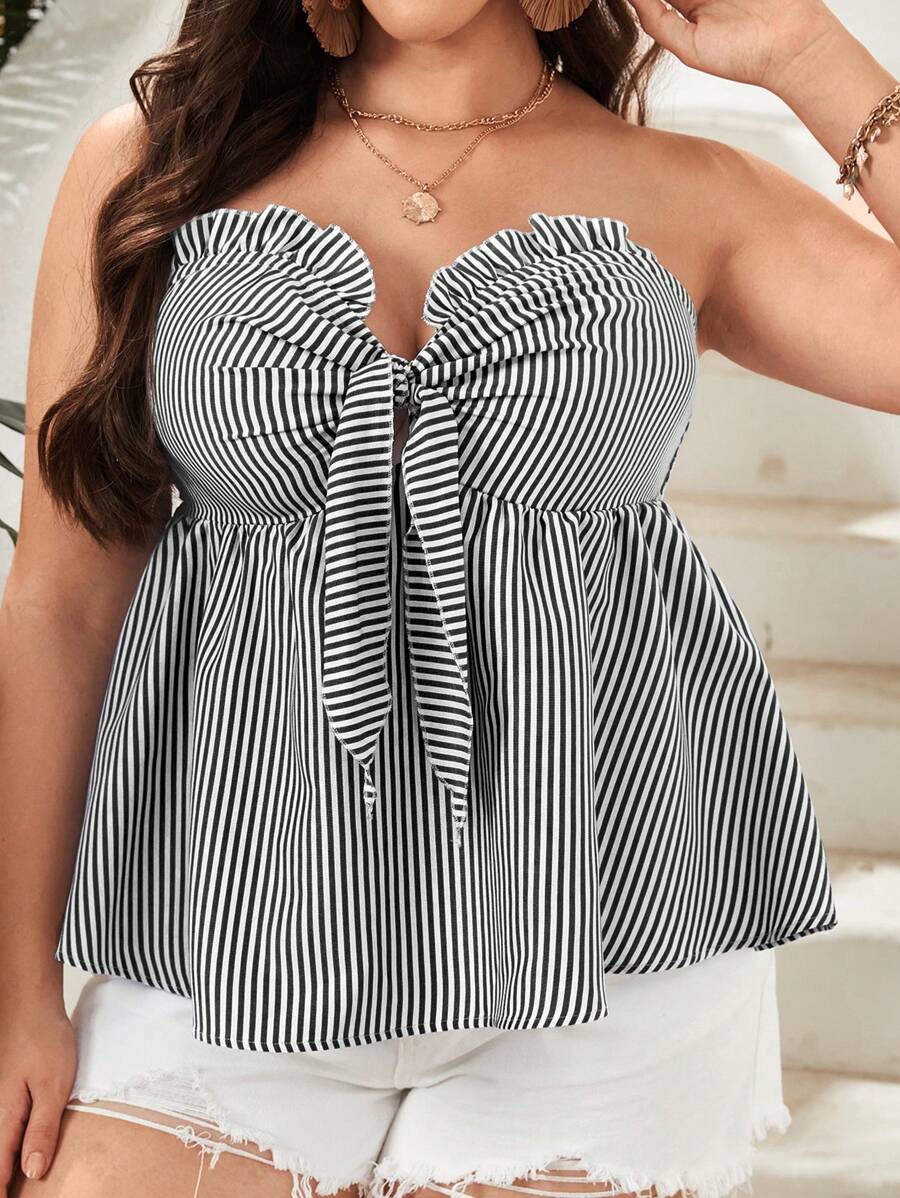 SHEIN VCAY 粗條紋印花打結前褶飾花邊圓管夏季上衣(大寬鬆尺寸) - 黑與白 - 查看 1