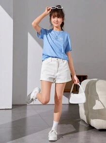 Holiday,Summer,TravelFlower Printed Short Sleeve T-Shirt, Teen Girls' Casual Vacation Wear