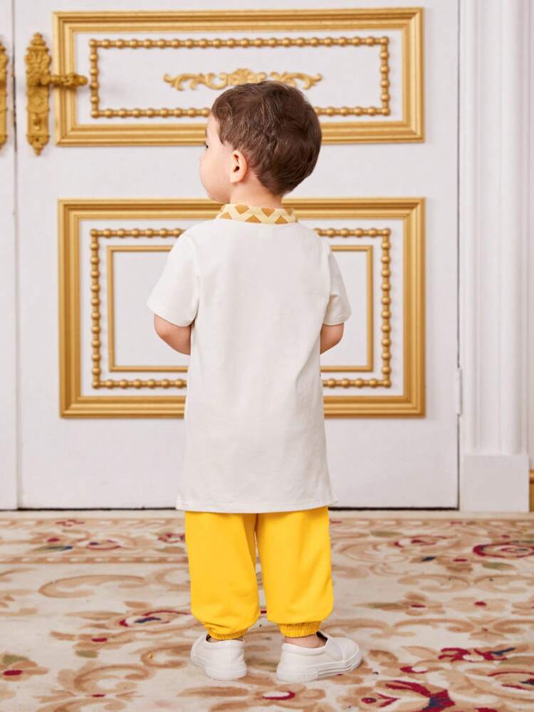 Baby Boys' Geometric Pattern Notched Collar Short Sleeve Top And Solid Color Cuffed Pants 2pcs Set