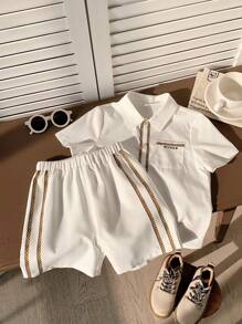 SHEIN 2入組年輕男孩休閒襯衫，格紋短袖衫帶口袋和短褲裝 - 白色 - 查看 5