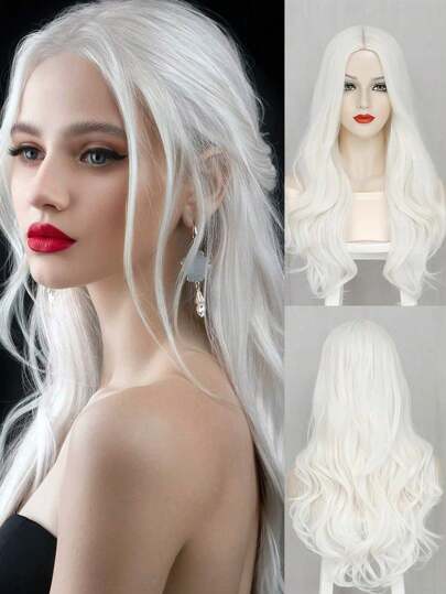 White Wigs for Women 26 Inches Long White Wig Synthetic Wig Middle Part Natural Looking White Wavy Wig for Daily Use Halloween Cosplay Wig