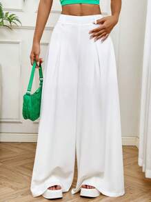 SHEIN EZwear 純色百褶寬鬆休閒寬腿褲