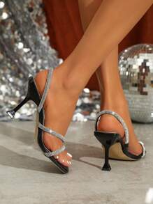 女士棕色高跟春夏凉鞋，时尚舒适简约设计，钻石般光泽 - 黑色 - 查看 6