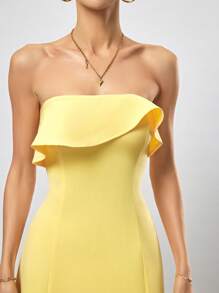 GENKIRA Asymmetrical Hem Strapless Dress With Gathered Waist - Mustard Yellow - View 7