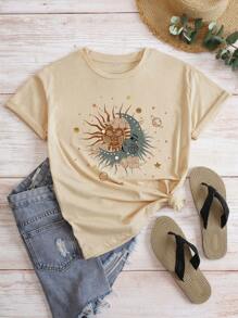 INAWLY Women's Short Sleeve T-Shirt With Sun, Moon & Face Printed Pattern Graphic Tees Women Tops - Khaki - View 5