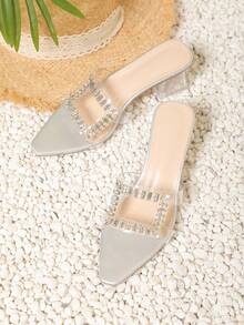 女士時尚高跟鑲有鑽石裝飾的涼鞋,方頭戶外拖鞋,適用於2024年夏季 - 銀色 - 查看 6