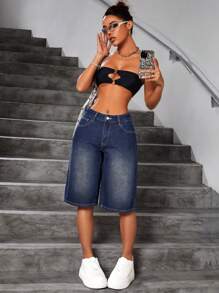 SHEIN ICON Loose Fit Straight Leg Washed Denim Shorts - Dark Wash - View 7